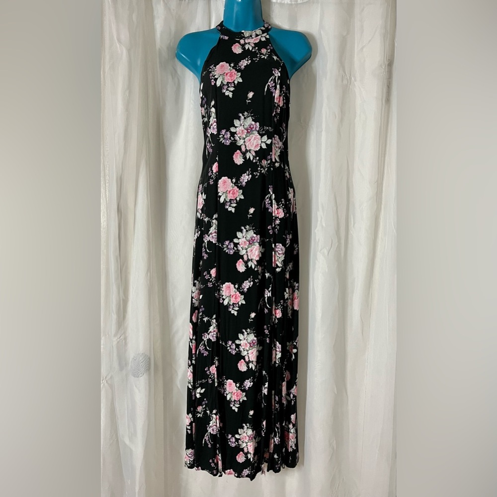 Floral Print on Black Fabric w/ Halter Top, Button Choker Closure & Leg Slits